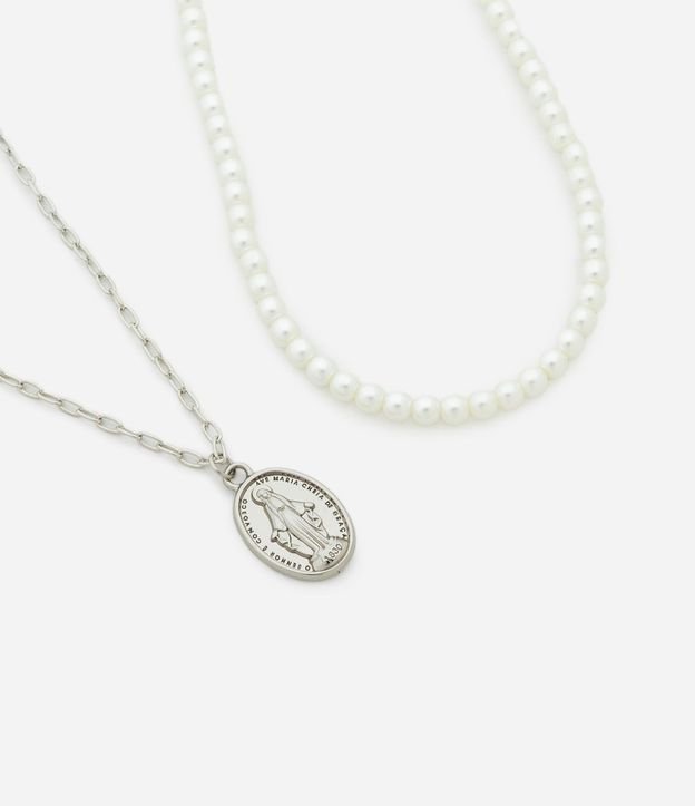 Kit con 02 Collares Cadena con Medalla Ave Maria y Collar de Perlas 3