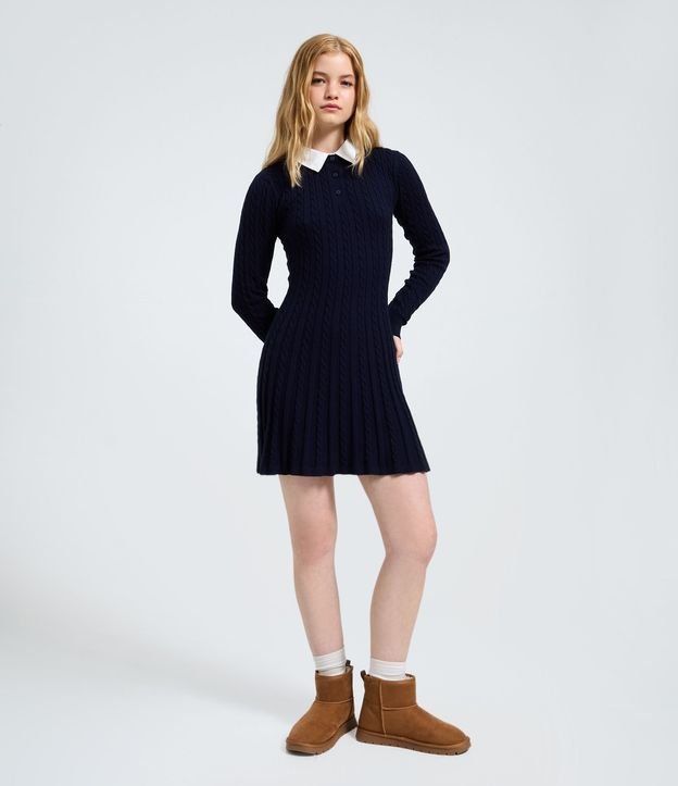 Vestido Manga Larga en Punto con Textura y Cuello Polo