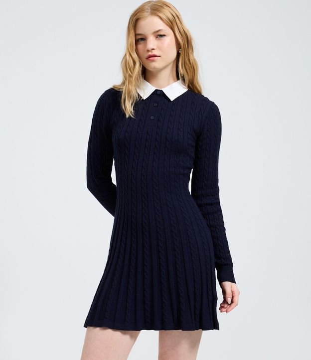 Vestido Manga Larga en Punto con Textura y Cuello Polo 2