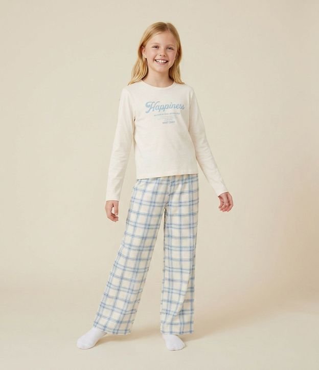 Pijama Infantil Largo en Media Malla con Estampado de Cuadros y Lettering – Talle 7 a 16 años