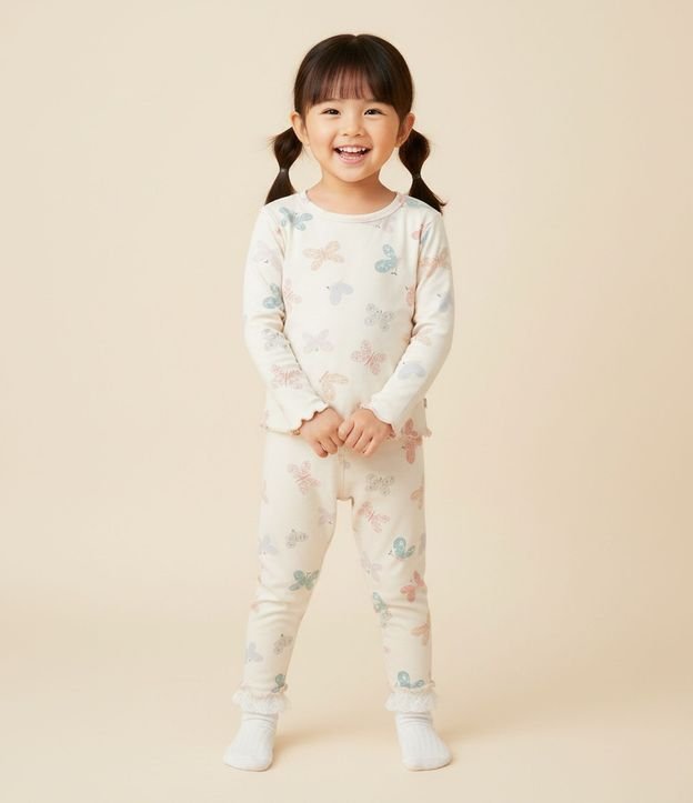 Pijama Infantil en Rib con Estampa de Mariposas – Talle 1 a 6 años
