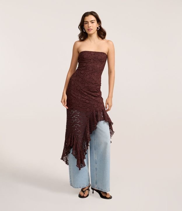Vestido sin Breteles en Encaje con Volado Asimétrico 3