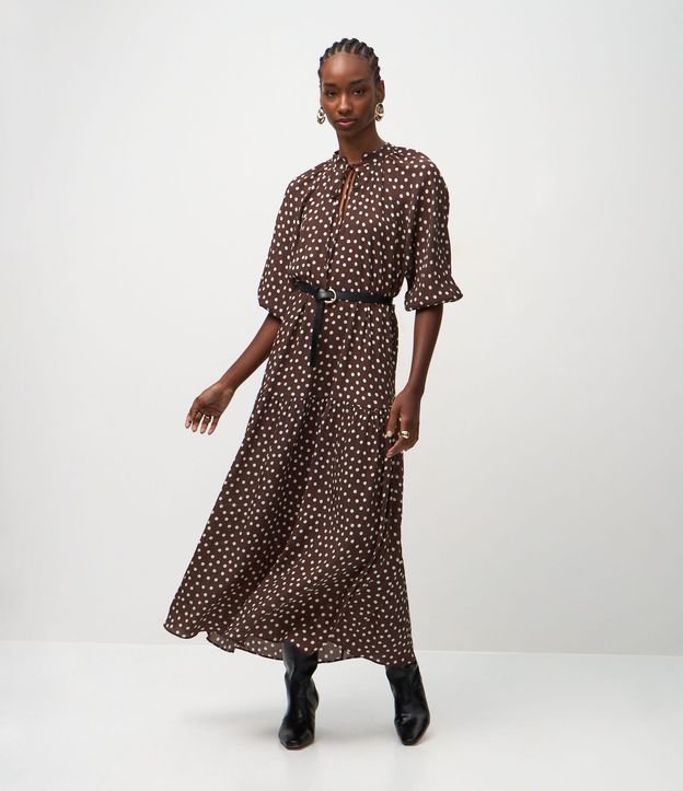 Vestido Midi Manga Larga con Estampa Lunares