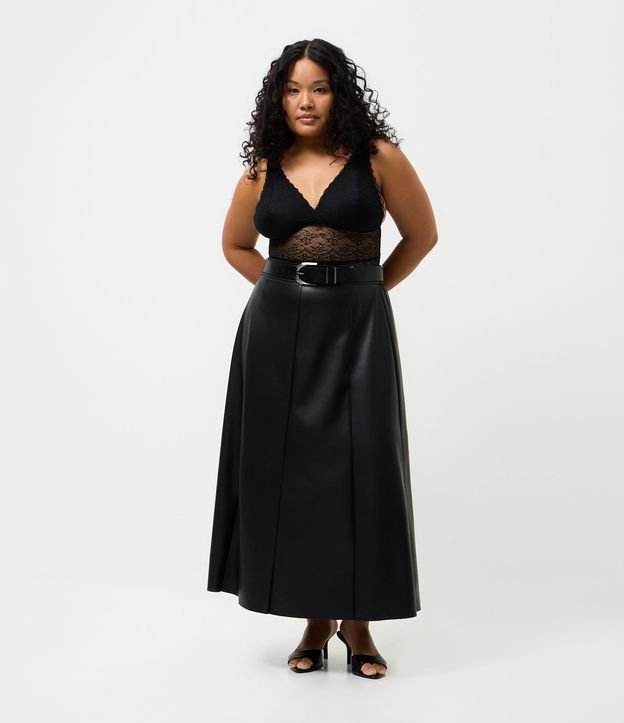 Falda Midi en PU Lisa Modelo Evasê Curve & Plus Size