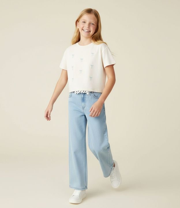 Pantalón Infantil Wide Leg en Jeans con Cinturón de Lunares – Talle 5 a 14