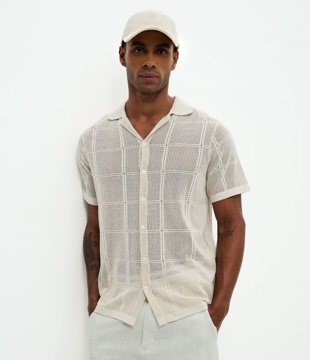 Camisa Regular con Efecto Ganchillo y Textura Cuadriculada