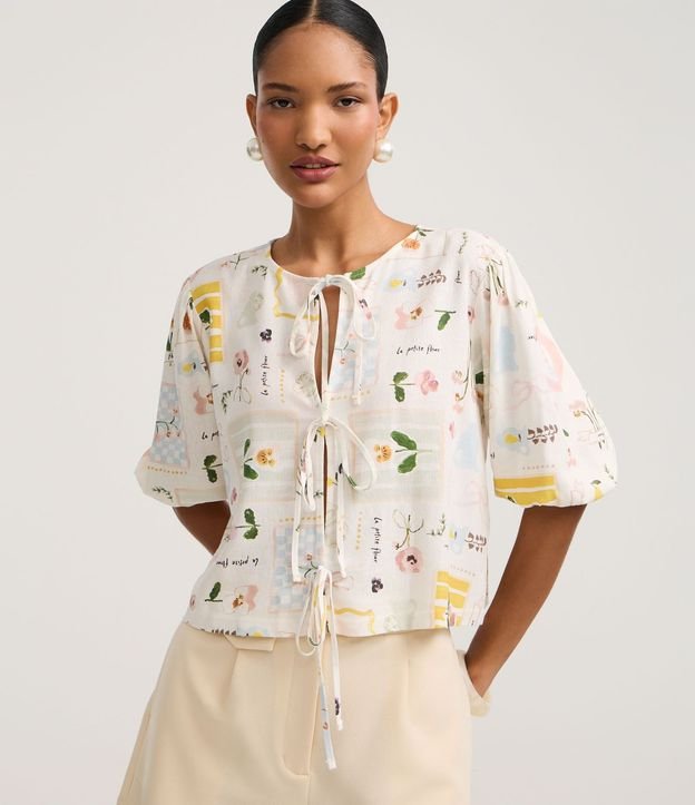 Blusa en Viscolino con Lazo y Estampado Floral