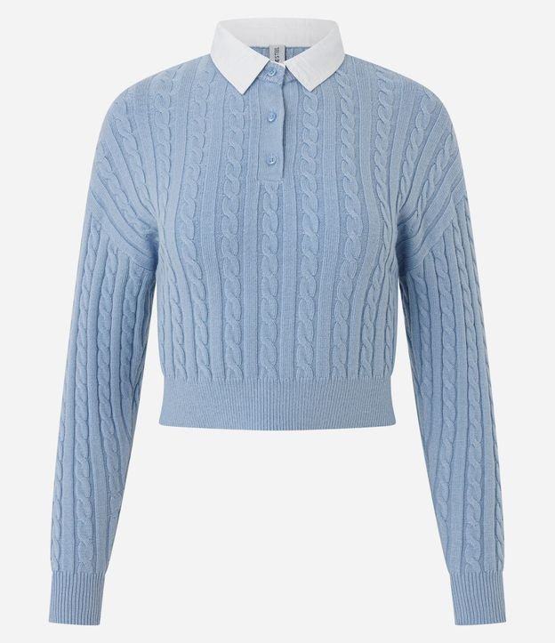 Buzo Cropped en Punto con Cuello Polo Contrastante