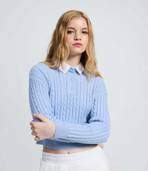 Buzo Cropped en Punto con Cuello Polo Contrastante
