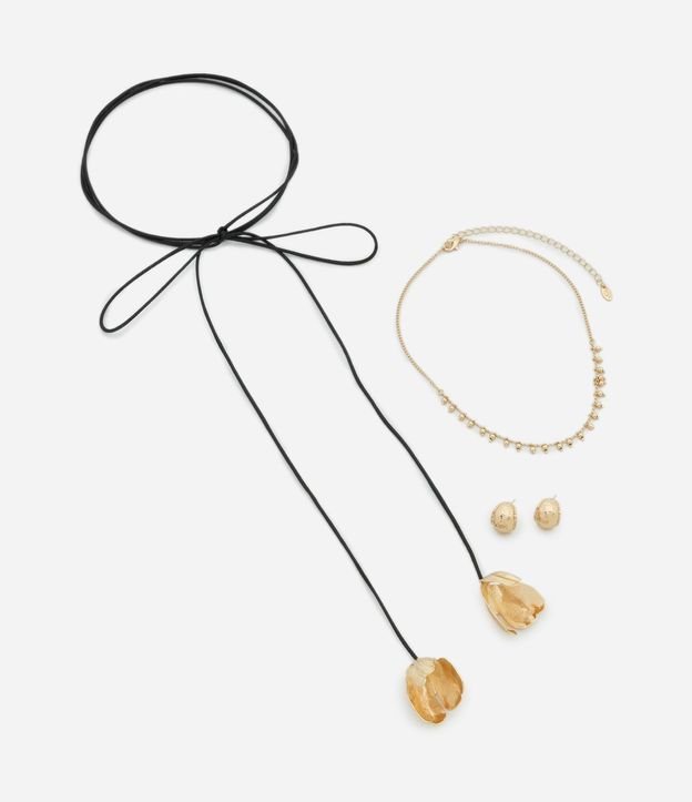 Conjunto de Collar Largo y Caravana con Flor Texturizada 2