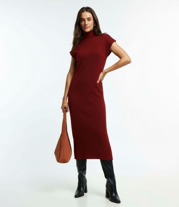 Vestido Midi en Punto con Cuello Alto y Manga Corta sin Sisa