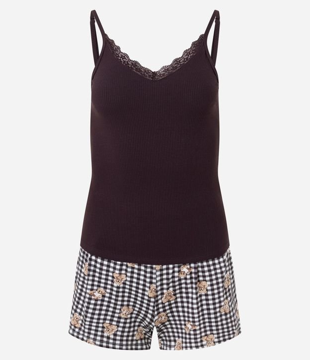 Pijama Corto en Rib con Short Estampado de Cuadros y Ositos 3