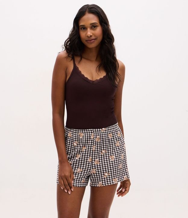 Pijama Corto en Rib con Short Estampado de Cuadros y Ositos