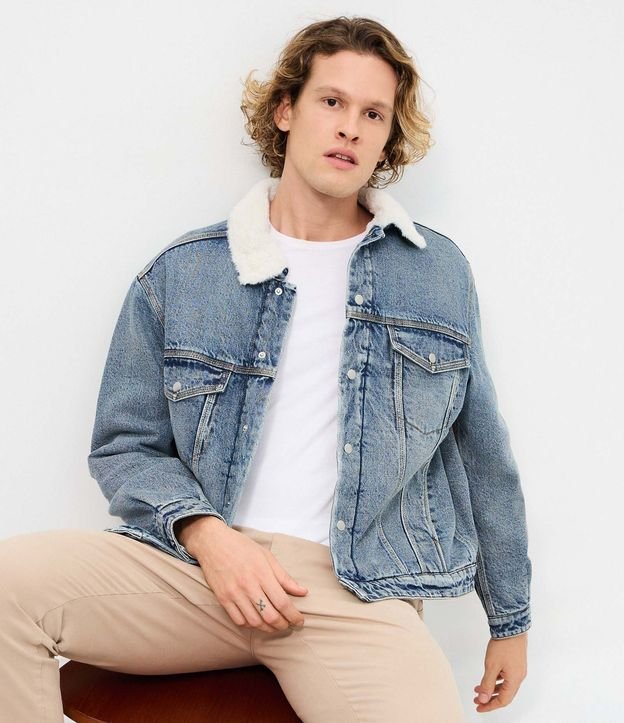 Campera Masculina Jeans con Cuello en Chenille