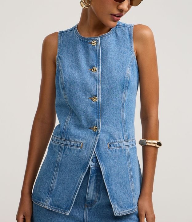 Chaleco Alargado en Jeans Cinturado con Botones 5
