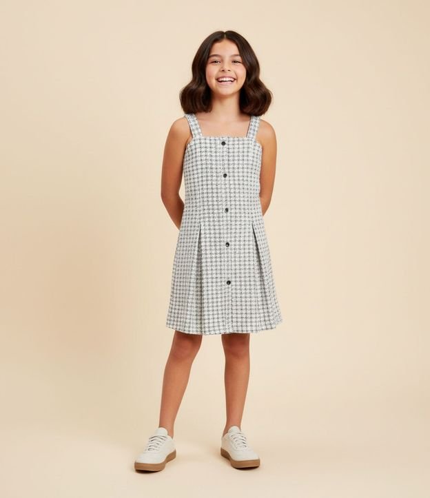Vestido Infantil en Tweed con Breteles Anchos y Botones Delanteros – Talle 5 a 14 años