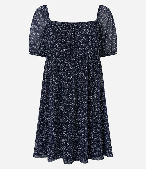 Vestido Corto Evasê en Tule Floral con Mangas Abullonadas 4