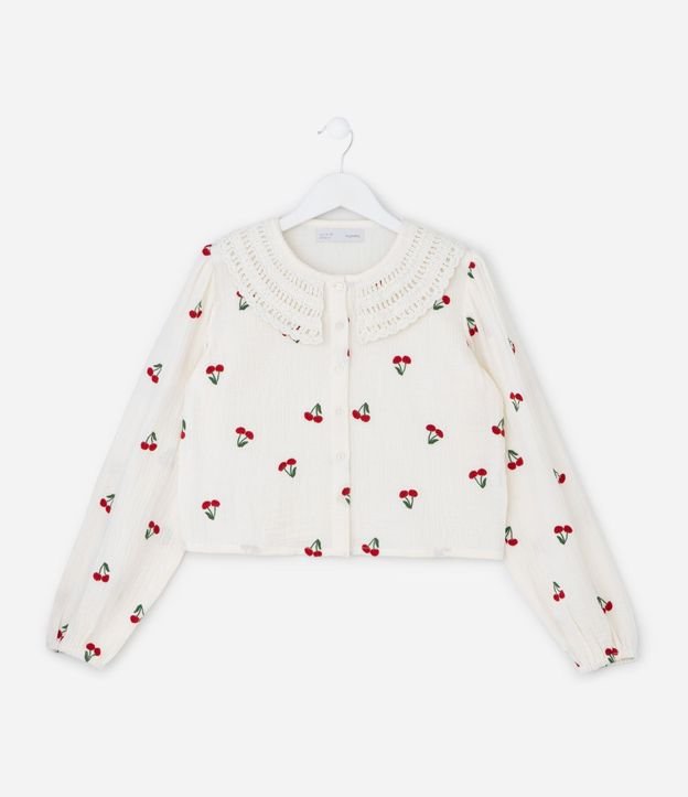 Camisa Infantil con Bordados de Cerezas y Cuello de Ganchillo – Talle 5 a 14 años 2
