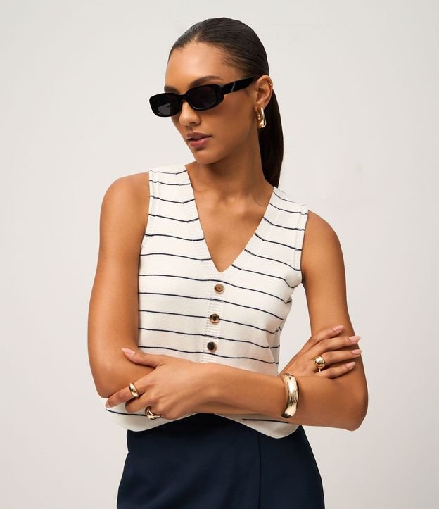 Chaleco en Punto con Cierre por Botones y Estampado Rayada
