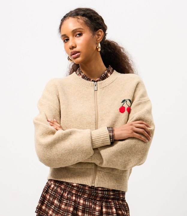 Cardigan en Punto con Bordado de Cereza y Cremallera