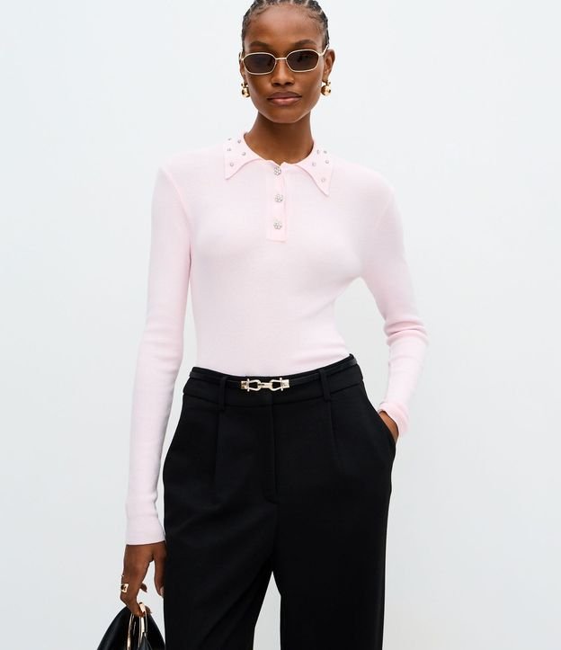 Blusa Polo en Tricot con Aplicación de Brillos en el Cuello