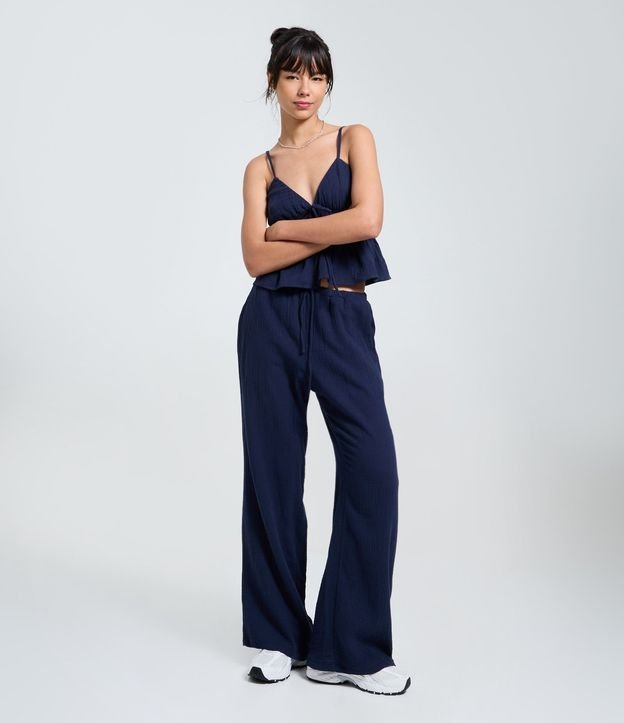 Pantalón Fluída en Algodón Texturizado con Lazo