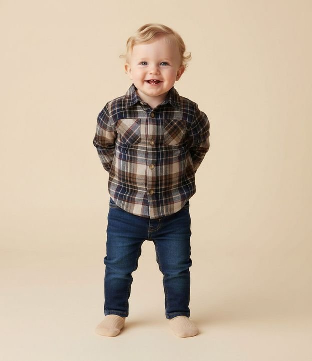 Camisa Infantil en Franela de Cuadros con Pequeño Bolsillo – Talle 0 a 18 Meses