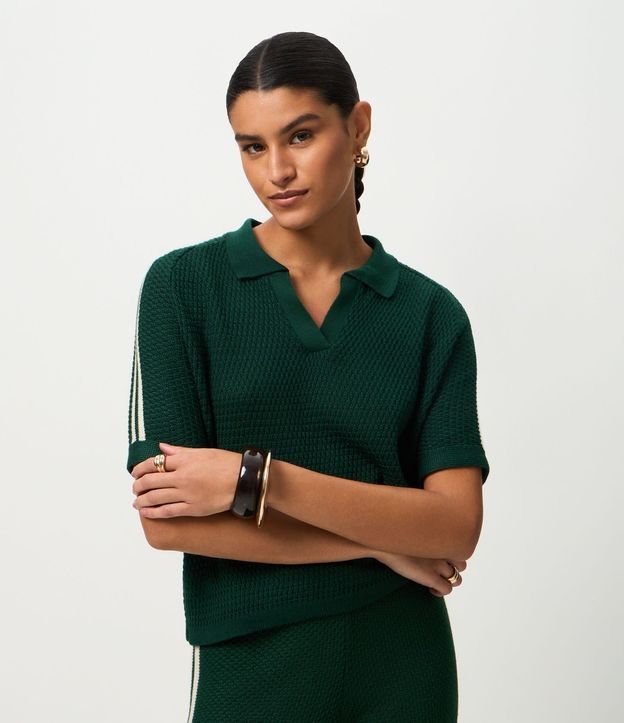 Blusa Polo en Punto con Manga Corta y Detalle de Rayas
