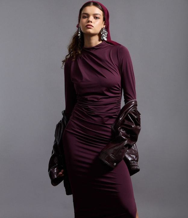 Vestido Midi Manga Larga con Pliegues en el Hombro