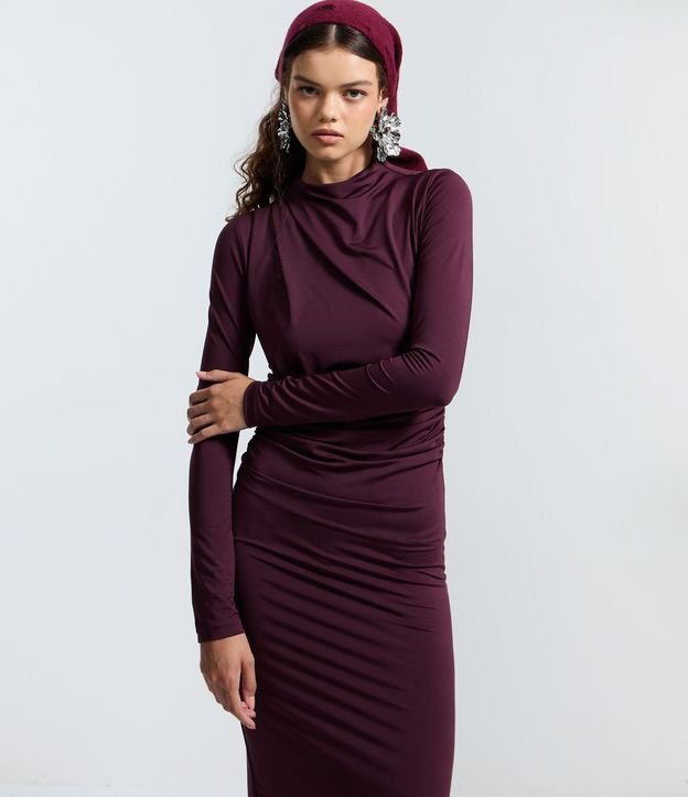 Vestido Midi Manga Larga con Pliegues en el Hombro 3