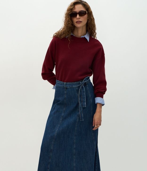 Pollera Evasê en Jeans con Cinturón y Recortes Longos 2