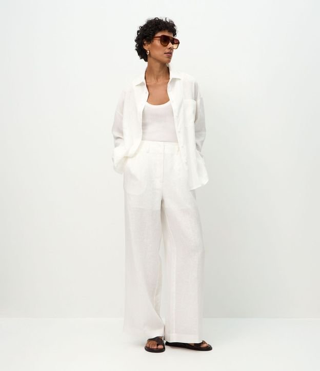 Pantalón Recto en Lino con Cintura Elástica y Bolsillos