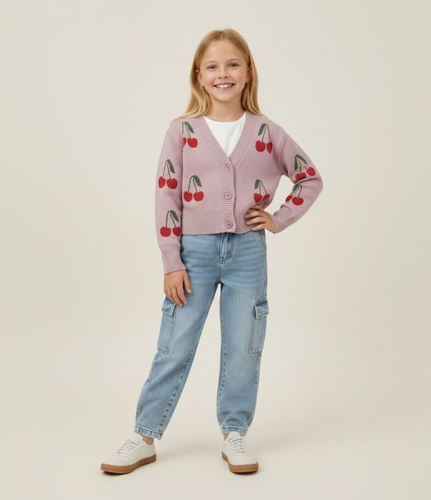 Cardigan Rectilínea Jacquard Estampa de Cereza - Talle 5 a 14 años