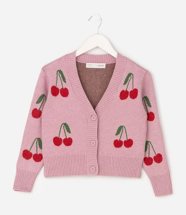 Cardigan Rectilínea Jacquard Estampa de Cereza - Talle 5 a 14 años 2