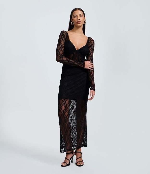 Vestido New Midi en Encaje con Transparencia