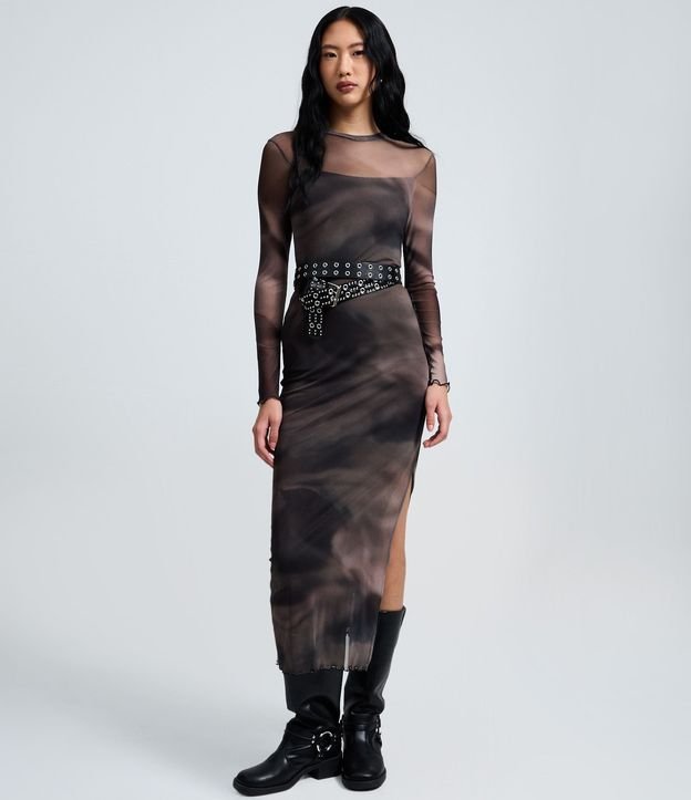 Vestido Largo en Tule con Estampa Efecto Manchado