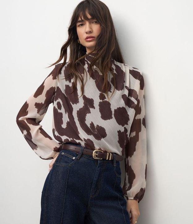 Blusa Manga Larga Animal Print con Cuello Alto