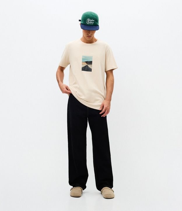 Pantalón Baggy en Sarga con Costura Contrastante y Cordón en la Cintura