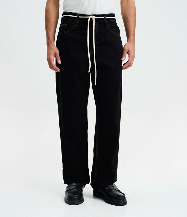 Pantalón Baggy en Sarga con Costura Contrastante y Cordón en la Cintura 3