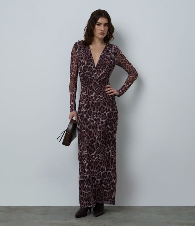 Vestido Animal Print en Tule con Manga Larga