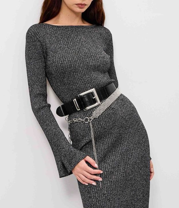 Vestido Midi Canelado con Abertura en la Espalda y Efecto Metálico 2