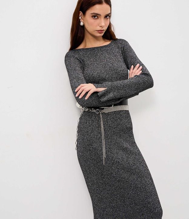 Vestido Midi Canelado con Abertura en la Espalda y Efecto Metálico 3