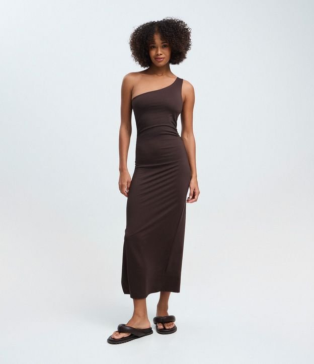 Vestido Midi Assimétrico Hombro Único con Encaje Lateral
