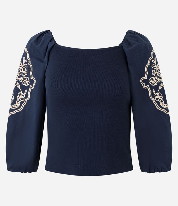 Blusa Manga Larga Abullonada con Bordado de Follaje 4