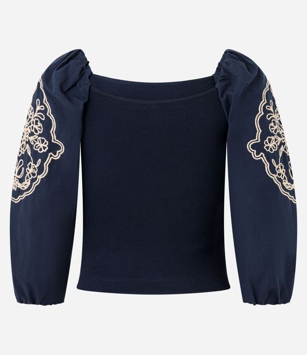 Blusa Manga Larga Abullonada con Bordado de Follaje 7