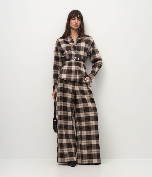 Pantalón Wide Leg Sastre con Estampa de Cuadros