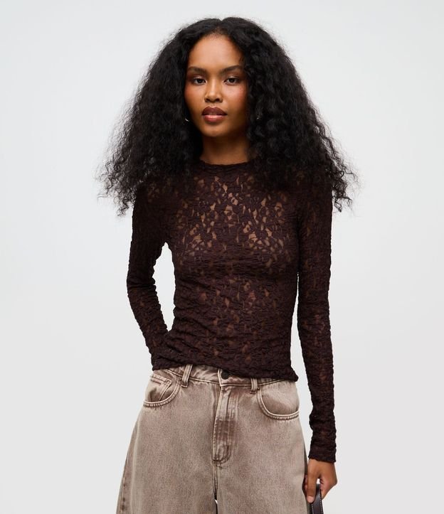 Blusa Segunda Pele en Encaje Texturizada con Manga Larga