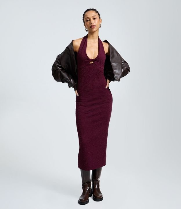 Vestido Midi Frente Única Texturizado con Nudo en el Busto