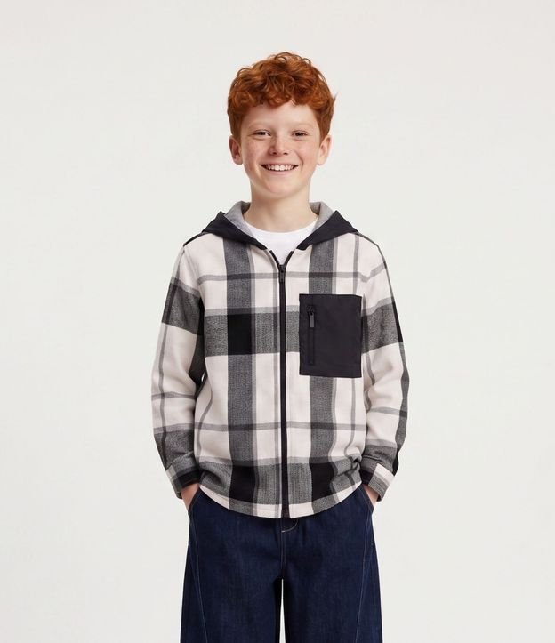 Camisa Infantil de Cuadros con Capucha y Bolsillo Delantero - Tam  5 a 14  Anos
