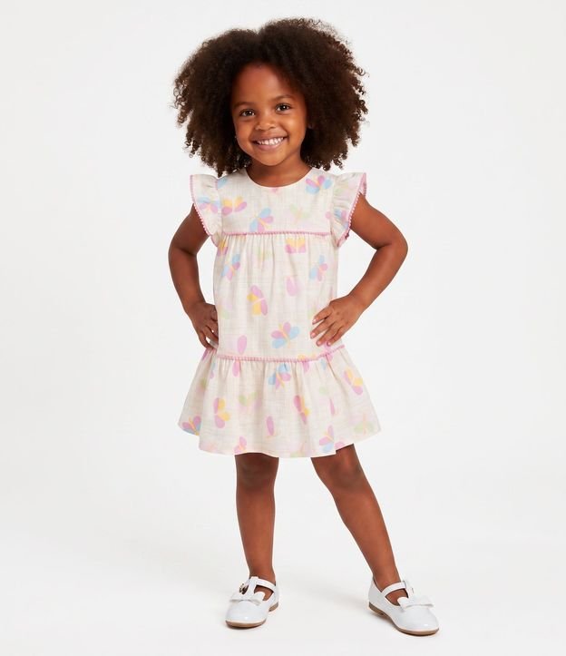 Vestido Infantil con Estampado Mariposas y Pompón – Talle 1 a 6 años